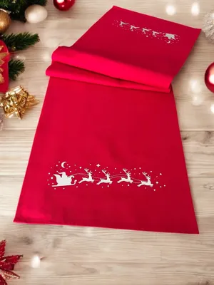 Produktbild von Weihnachtlicher Tischläufer Rot mit Santa&Rentier Golddruck 40x140 Weihnachtsdeko