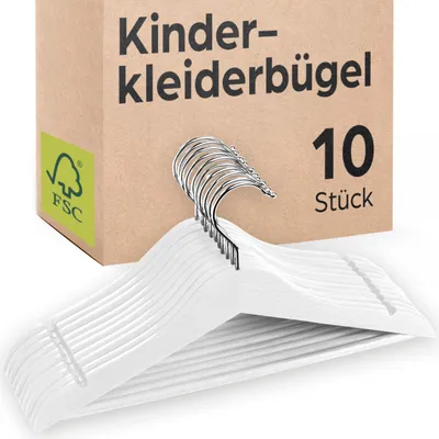 Produktbild von Praknu Kinderkleiderbügel Holz - 10 stück - Natur  Buchenholz - Kleiderbügel Weiß Holz - 360° Drehbar & Rutschfest - Mit Hosensteg