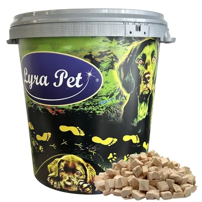 Image de 1 kg (5 x 200 g) de cubes de poitrine de poulet lyophilisés Lyra Pet® dans un récipient de 30 L