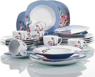 Zdjęcie produktu dla zestaw naczyń - Zestaw talerzy - Zestaw misek - Talerz do zupy - Talerz deserowy - Talerz obiadowy - Zestaw 30 - 6 osób - Biały - Niebieski - Kwiaty