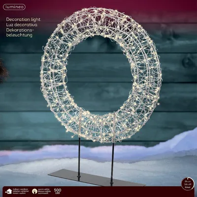 Produktbild von Lumineo Micro-LED Lichterkranz Silberfarben auf schwarzem Ständer Ø 38 cm Höhe 51 cm 500 Lichter - warmweiß