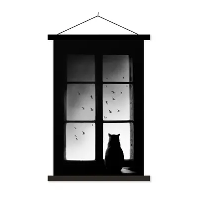 Produktbild von MuchoWow® Textilposter Katze - Tiere - Schwarz und weiß - Fenster 60x90 cm mit schwarzem Rahmen - Poster Wohnzimmer