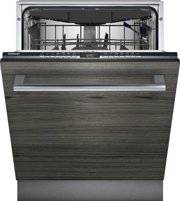 A front view of a fully integrated Siemens dishwasher with the door open, revealing the interior racks and control panel.