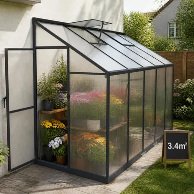 Obrázek produktu pro Skleník UISEBRT, přilehlý ke zdi, rozměry 305x110x195 cm, zahradní skleník s hliníkovým rámem, dvě nastavitelné střešní okna, skleník pro zahradu, plocha 3,40 m²