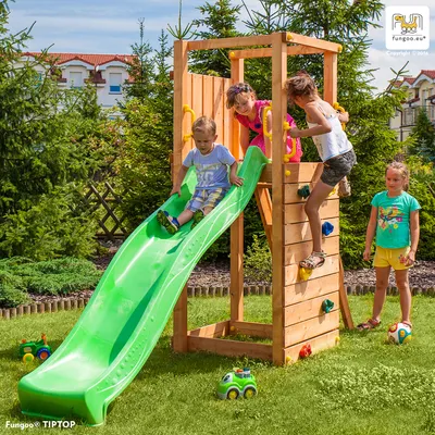 Produktbild von Fungoo Spielturm / Gartenspielhaus TIPTOP, mit Rutsche 2,20m & Kletterwand; 03305