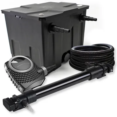Immagine prodotto di Set completo SunSun: filtro per laghetti CBF-350 fino a 12000 L come filtro a flusso continuo, pompa per laghetti NEO10000 SuperECO 10000l/h 80W, chiarificatore per laghetti CUV-672 con chiarificatore UVC 72W, tubo per laghetti da 25m 25 mm