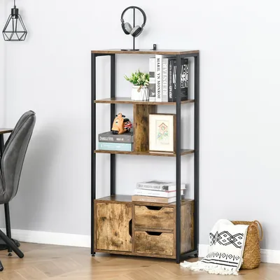 Zdjęcie produktu dla Regał na książki w stylu industrialnym z szafką i 2 szufladami, wymiary: 58x24x122 cm, kolor: brązowy