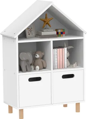 Produktbild von AIYAPLAY Kinderregal, Aufbewahrungsmöbel für Kinder, 3 Ebenen mit zwei Schubladen, Hausform, für Kinderzimmer, Schlafzimmer, 63,7 x 29,7 x 89,5 cm, Weiß