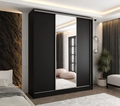 Produktbild von Moderner 3-türiger Schwebetürenschrank Schwarz 190x58x250 cm – mit Spiegel – Kleiderschrank für Flur, Schlafzimmer