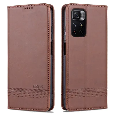 A brown leather flip case for a smartphone is shown from two angles, open and closed.