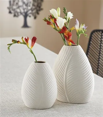 Image de 2x vase de fleurs "structure feuille" en porcelaine, beige, vase, vase de décoration, set de vase