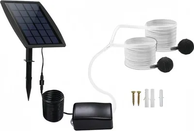 A solar-powered oxygen pump kit for ponds or aquariums, including a solar panel, pump, tubing, and air stones.