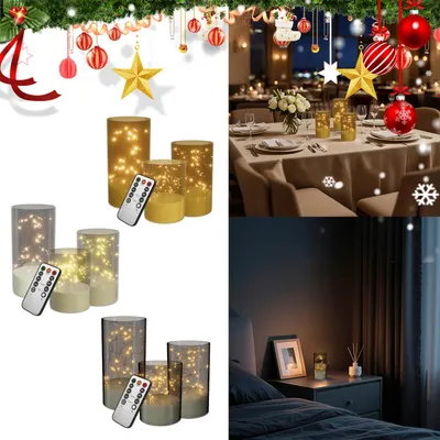 Obrázek produktu pro XINZI LED svíčky sada 3 ks, bezplamenné sloupkové svíčky Ø7,5 x 10/12,5/15 cm, dálkové ovládání, světelný drát, na baterie, na baterie, průhledné