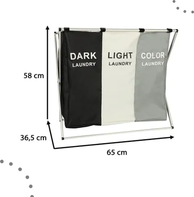 A three-compartment laundry basket organizer with dimensions indicated.