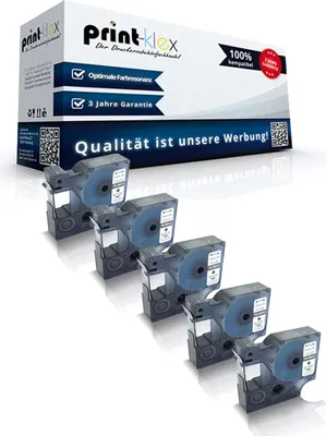 Produktbild von 5x Kompatible Schriftbänder für Dymo D1 45010 Labelmanager 200 Labelmanager 210 D Labelmanager 220 P Labelmanager 260 P S0720500 12mmx7m Schwarz auf Transparent - Office Print Serie