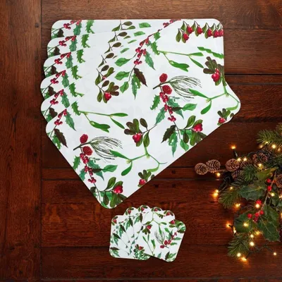 Produktbild von Tischset 12 teiliges Platzset Platzdeckchen Ilex Weihnachten Advent Untersetzer Tischset Tisch Set Platzuntersetzer