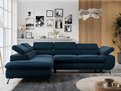 Produktbild von Ecksofa Sofa Blau, Wohnlandschaft L-Form mit Schlaffunktion und Bettkasten, Schlafsofa mit Bettkasten, Sofa mit Einstellbare Kopfstützen, Peter L - Dunkelblau Velvet - Links Blau