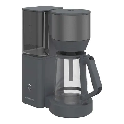 A studio shot of a gray Grundig filter coffee machine against a white background.