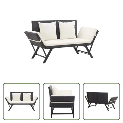 Zdjęcie produktu dla The Living Store Ławka ogrodowa z poduszkami 176 cm czarny polirattan