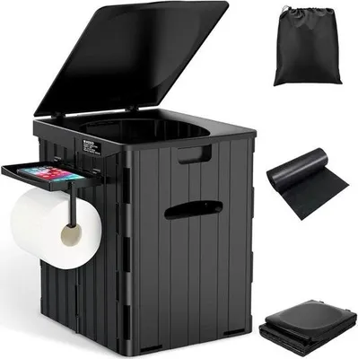 Produktbild von Tragbare, faltbare Campingtoilette für Erwachsene mit Deckel – Mobile Toilette für den Außen- oder Innenbereich (Schwarz)