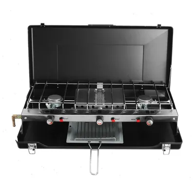 Produktbild von Klappbarer Campingkocher - Tragbarer Gasgrill - 3 Brenner 4,5 kW - Propan/Butan - Kaltgewalzter Stahl - Schwarz