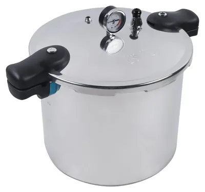 A stainless steel pressure cooker with black handles and a pressure gauge on a white background.