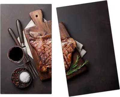 Produktbild von Spritzschutz Herdabdeckplatte Schneidebrett aus Glas T-Bone Steak auf Holzplatte 2-Teilig (60x52cm)