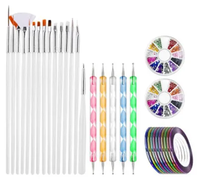 Produktbild von Nagelkunst-Pinselset, 15 Nagelpinsel, 5 Punktierstifte, 10 Rollen Nagelklebeband, 2 Schachteln Strasssteine, ultradünne Pailletten für Nagelkunst-Maniküre
