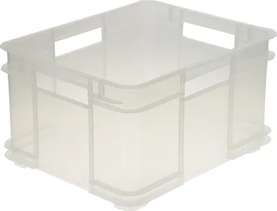 A transparent plastic storage box is shown from a slightly elevated front-left angle against a white background.