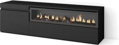 A black TV cabinet with a built-in electric fireplace.