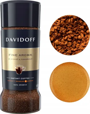 A jar of Davidoff Fine Aroma Instant Coffee is shown next to a close-up of instant coffee granules and a circular image of what appears to be a coffee biscuit or cookie.