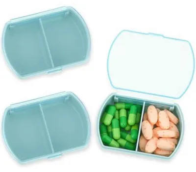 Zdjęcie produktu dla Pudełko na tabletki, 2 przegródki, niebieskie, przenośne, idealne na podróże, małe, organizer na leki