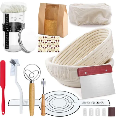 Image de Kit complet pour la fabrication de pain au levain, comprenant un panier de fermentation et un ensemble de grattoirs
