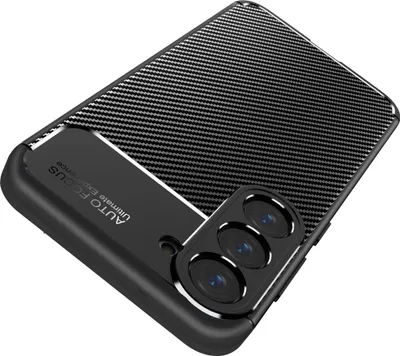 A black phone case with a carbon fiber texture on the back and a camera cutout.
