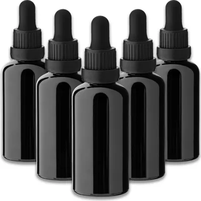 Produktbild von 5x Glasflasche schwarz 50 ml mit schwarzer Pipette Tropfflaschen leer