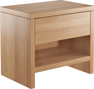 A wooden nightstand with a drawer and an open shelf.