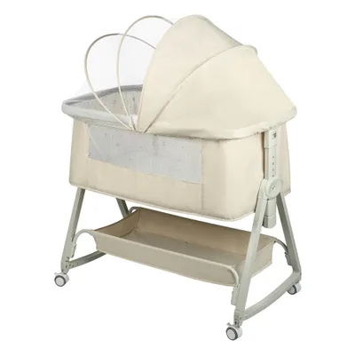 Produktbild von Verstellbares 6-stufiges Babybett, Reisebett, Kinderwagen mit Rädern und zusammenklappbar, cremefarben