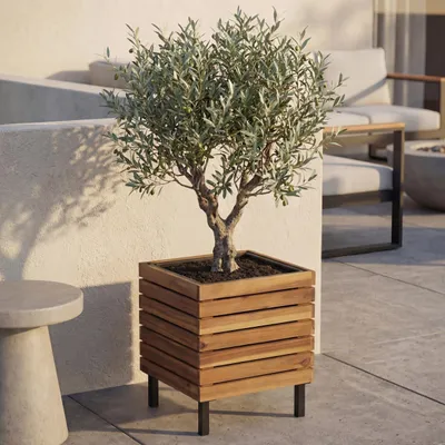 Produktbild von Pflanzkasten HWC-P84, Blumenkasten quadratisch Outdoor Stahl Akazie 43x33x33cm - braun