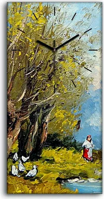Produktbild von Dekor Leinwand Uhr Wandbilder 30x60 Gemälde Landschaft Dorfbewohner Bäume Wolken - schwarze Hände