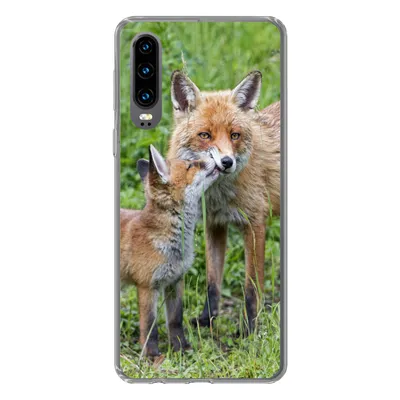 Produktbild von MuchoWow® Handyhülle Schutzhülle Hülle für Huawei P30 Füchse - Kind - Gras Silikon Softcase Handy Hülle - Kartenbesitzer
