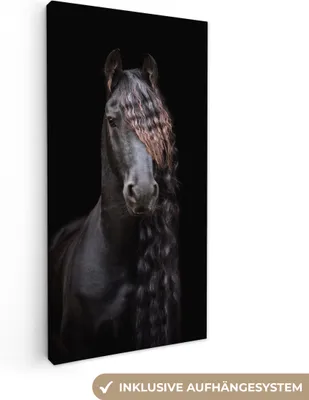 Produktbild von MuchoWow® - Leinwandbilder - Pferde - Friesisch - Mähne - Schwarz - Tiere, Wandbild, Wanddeko Bilder Wohnzimmer, 20x40 cm