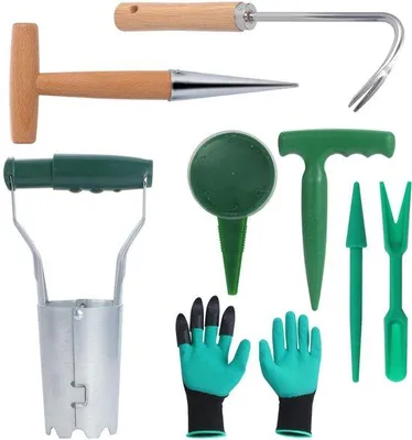 Produktbild von Pflanzenwerkzeug-Set, Blumenpflanzer mit Bodenstarter, Löcherstanzer, Unkrautentferner, Handschuhe