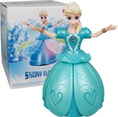 A toy doll resembling Elsa from Frozen, shown with its packaging.