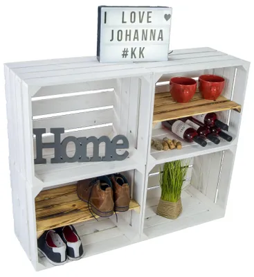 Produktbild von 4er set Obstkisten als Wohnwand / Raumtrenner "Johanna"  2 x mit / 2 x ohne Mittelbrett weiss mit geflammt Längs