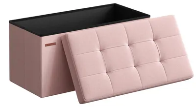 Obrázek produktu pro Lavička s úložným prostorem – taburet – 76 x 38 x 38 cm – nosnost až 300 kg – čalouněné sedadlo – dřevěný rám – růžová