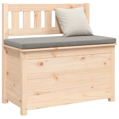 A wooden storage bench with a gray cushion and a beige pillow.
