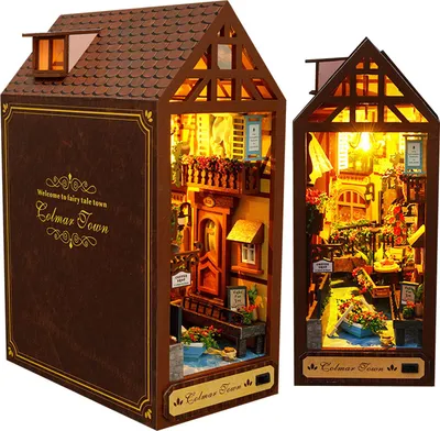 Produktbild von MODFU 3D Puzzle,Buchstützen aus Holz, DIY Book Nook Kit, DIY Puppenhäuser Miniatur Haus Kit mit Möbeln und LED-Licht,Modellbausätze,Weihnachtsgeschenk