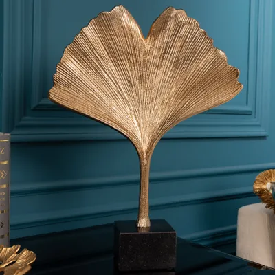 Produktbild von Dekorative Skulptur GINKGO LEAF 34cm gold handmade Metall mit Marmorsockel