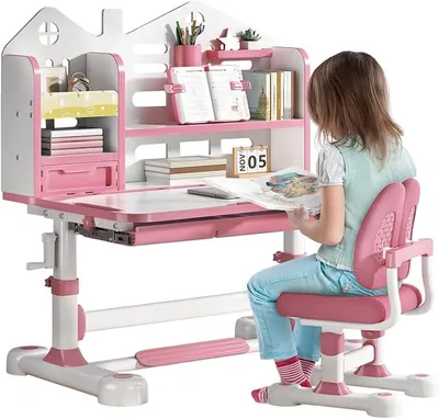 Produktbild von Kinder-Schreibtisch- und Stuhl-Set für 3–18 Jahre, höhenverstellbarer Arbeitstisch mit neigbarem Schreibtisch und Bücherregal, Kinder-Kunstschreibtisch Arbeitsplatz mit Aufbewahrungsschublade