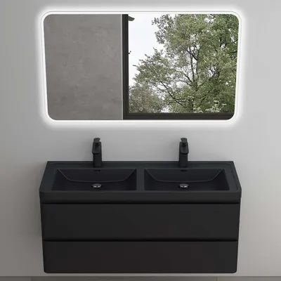 Produktbild von Mai & Mai Badmöbel-Set Waschbeckenunterschrank 120x48x55cm in matt schwarz mit Softclose Schubladen inkl. Mineralguss Waschbecken und LED-Spiegel Lucca